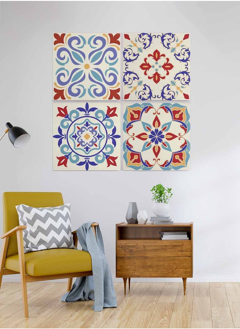 LOWHA Set Of 4 Framed Square Canvas Wall Arts Stretched Over Wooden Frame, Turkish Ceramic Tiles Painting, For Home, Living Room, Office Decor  - Image 3