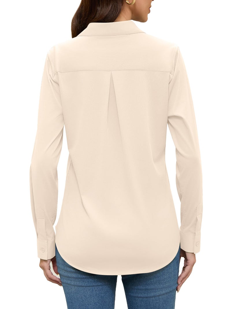 COUXILY Beige Dress Shirt Womens for Women Button Down Silk Shirts Up Women's Long Sleeve Collared Blouses Dressy Casual Collar Western Outfits Business Formal Work Tops Top Cream Size L - Image 5