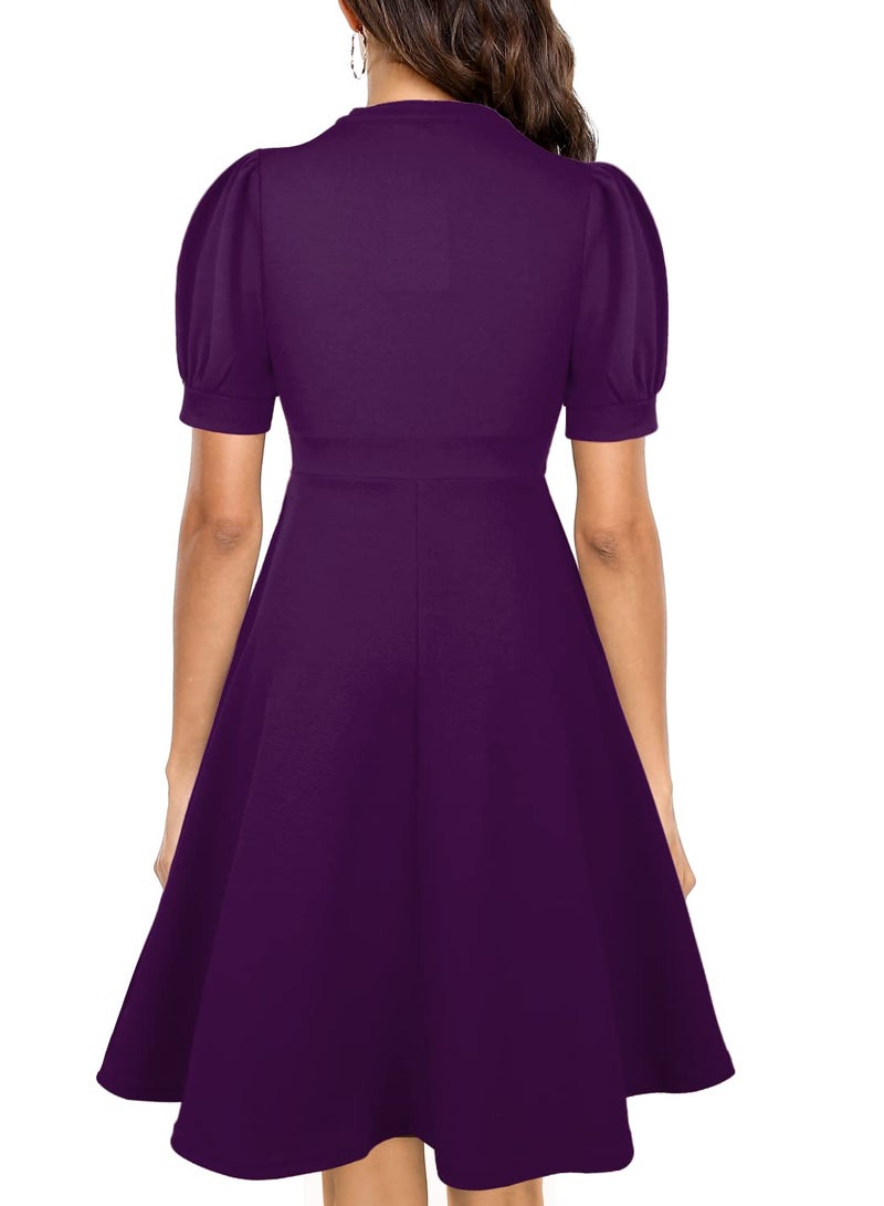 Mokayee Womens Purple Short Puff Sleeve Casual Semi-Formal Fit and Flare Swing Modest Sunday Church Easter Business Casual Professional Wear to Work Dresses with Pockets S - Image 2