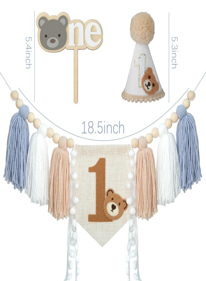 Ereniko First Birthday High Chair Banner Decorations Baby Boy With 1st Felt Birthday Hat And Cake Topper Blue Khaki For One Year Old Bear Theme Party Decor - Image 2
