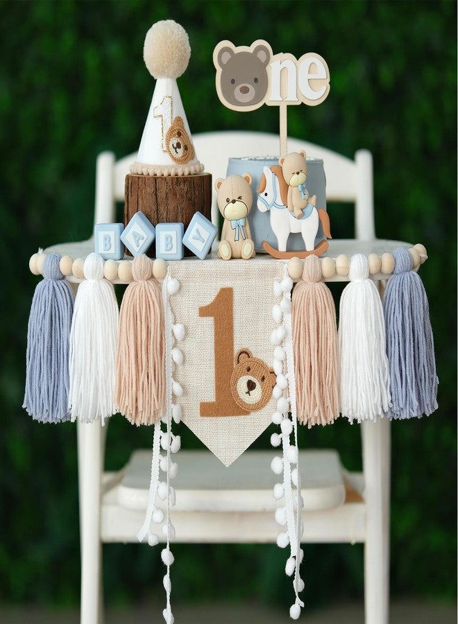 Ereniko First Birthday High Chair Banner Decorations Baby Boy With 1st Felt Birthday Hat And Cake Topper Blue Khaki For One Year Old Bear Theme Party Decor - Image 1