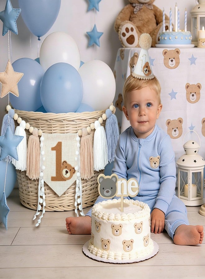 Ereniko First Birthday High Chair Banner Decorations Baby Boy With 1st Felt Birthday Hat And Cake Topper Blue Khaki For One Year Old Bear Theme Party Decor - Image 4