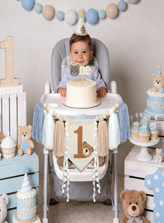 Ereniko First Birthday High Chair Banner Decorations Baby Boy With 1st Felt Birthday Hat And Cake Topper Blue Khaki For One Year Old Bear Theme Party Decor - Image 3