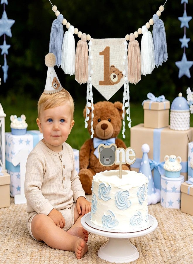 Ereniko First Birthday High Chair Banner Decorations Baby Boy With 1st Felt Birthday Hat And Cake Topper Blue Khaki For One Year Old Bear Theme Party Decor - Image 5