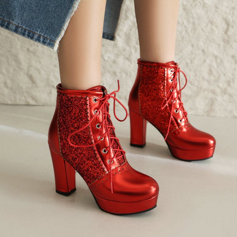 Women'S Short Boots Sequin Stitching Thick Heel Super High Heel Front Lace Up Ankle Martin Boots High Heel Fashion Boots - Image 2