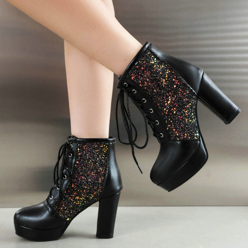 Women'S Short Boots Sequin Stitching Thick Heel Super High Heel Front Lace Up Ankle Martin Boots High Heel Fashion Boots - Image 5