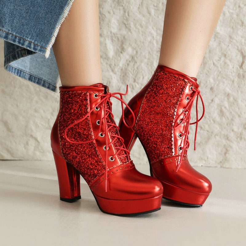 Women'S Short Boots Sequin Stitching Thick Heel Super High Heel Front Lace Up Ankle Martin Boots High Heel Fashion Boots - Image 3