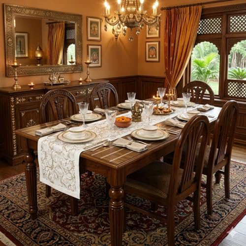 Dekor World Cotton Gold Printed White Table Runner (White, 33x120cm, Pack of 1)-4 Seater Dining & Center Table - Image 1