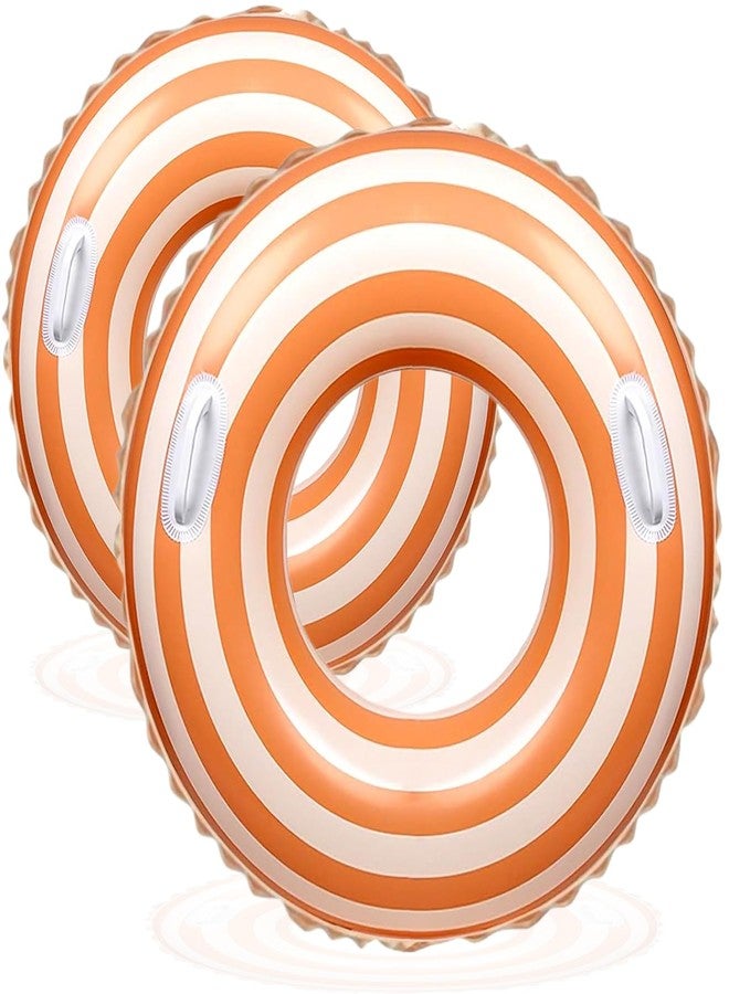 Yuokwer Large Striped Pool Floats- Inflatable Pool Floats for Adults- 2 Pack Striped Floaties Pool Tubes Swim Rings with Handles Inflatable Pool Float for Swimming Pool Party Adults (Orange, 90+120) - Image 1