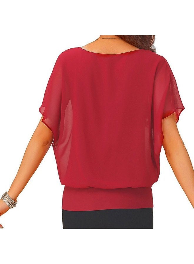 VIISHOW Women's Loose Casual Short Sleeve Chiffon Top T-Shirt Blouse Red XXL - Image 2