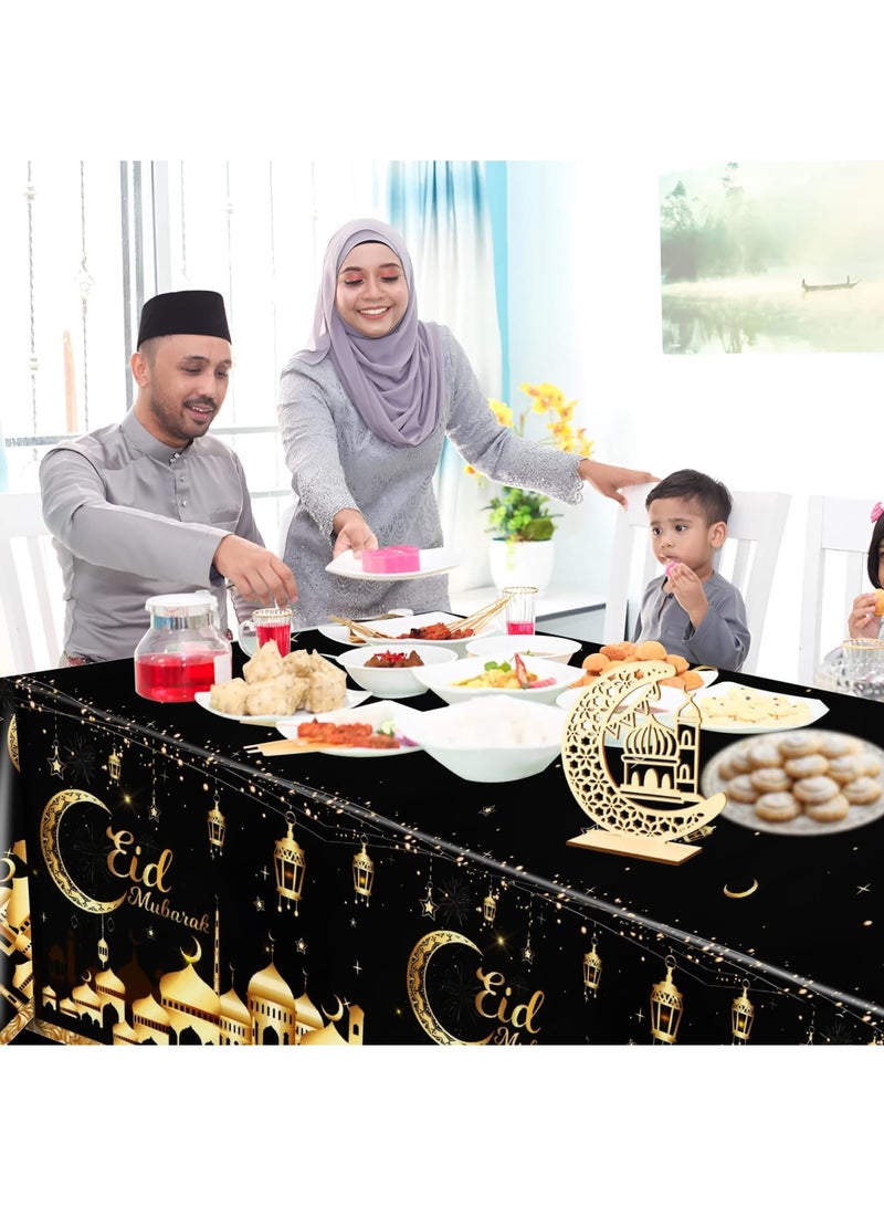 Barakah 1Pcs Eid Mubarak Black Moon Theme Party Tablecloths, Ramadan Party Supplies Black and Golden Rectangle Table Cover for Eid Al-fitr Party Decorations Favors(Disposable) - Image 2