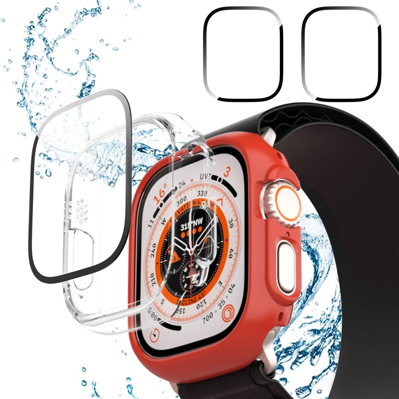 Cuteey Apple Watch Ultra 49mm 2+2 Pack Case with Waterproof Separate Tempered Glass Screen Protector, Hard PC Cover Bumper, Red+Clear - Image 2
