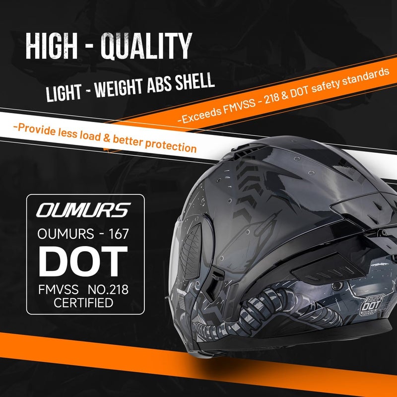 OUMURS DOT Motorcycle Full Face Helmet with Dual Visor - Lightweight and Adjustable - Image 4