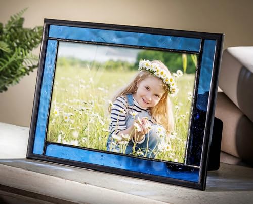 J Devlin Glass Art Blue Picture Frame Stained Glass Easel Back 4x6 Photo Display Horizontal Vertical Home Decor Graduation Gift for Women or Men Family Vacation Pic 324-46HV - Image 1