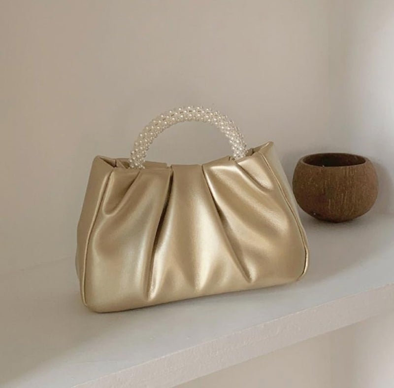 Beatfull Evening Purse Women Small Pearl Handbags Soft Leather Ruched Bag Wedding Bridal Clutch Party Prom Crossbody Purses Gold - Image 5