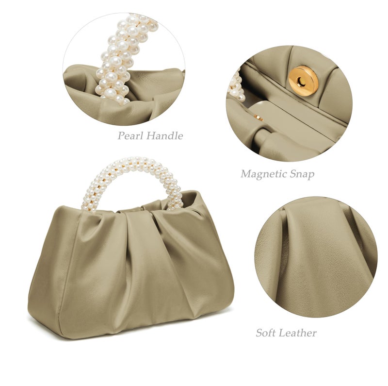 Beatfull Evening Purse Women Small Pearl Handbags Soft Leather Ruched Bag Wedding Bridal Clutch Party Prom Crossbody Purses Gold - Image 3