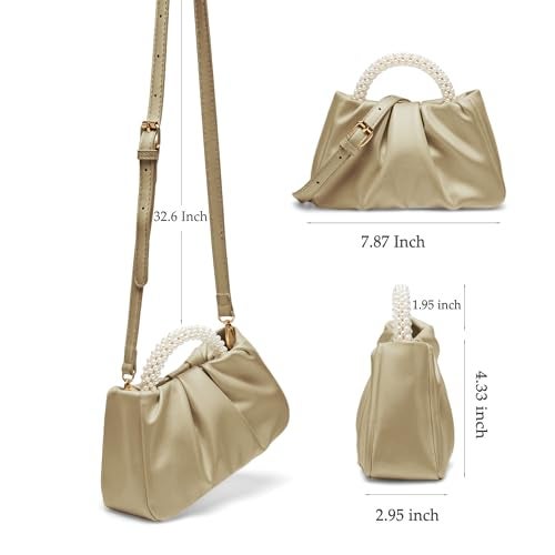 Beatfull Evening Purse Women Small Pearl Handbags Soft Leather Ruched Bag Wedding Bridal Clutch Party Prom Crossbody Purses Gold - Image 4