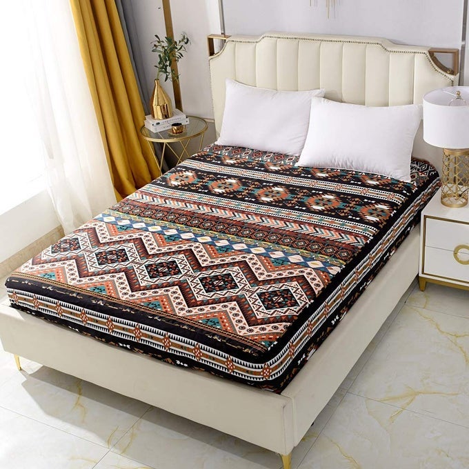 BEDDING FITTED SHEET WITH DEEP POCKETBOHEMIAN PRINTED SOFT FABRIC BED BOTTOM SHEETS BROWNBOHO TWIN