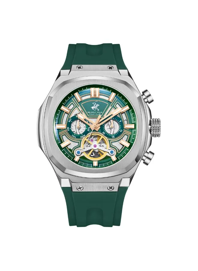 BEVERLY HILLS POLO CLUB BEVERLY HILLS POLO CLUB BP3750X.375 Men's Automatic Multifunction Display Watch & Silicone Strap Dark Green