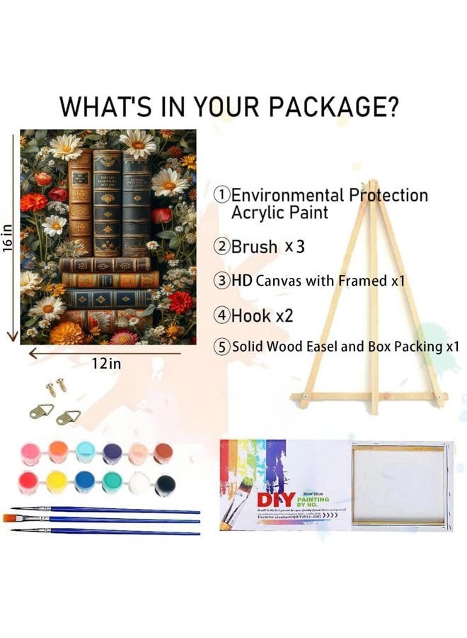 Clendo Book Paint by Numbers Kit for Adults Beginner, Flower Framed Adult's Paint by Number Kits with Easel, DIY Oil Painting Kits for Gift Home Wall Decor 12x16 Inch - Image 2