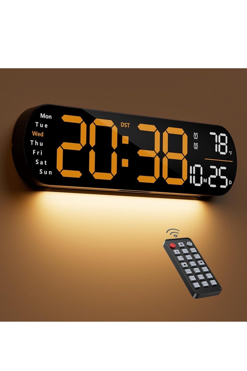 Digital Wall Clock, Large Display, 14-inch Alarm Clock, with Remote Control, Ambient Light,Ten-speed Automatic Light Sensitivity, LED Digital Clock with Date, Week and Temperature （Orange） - Image 1