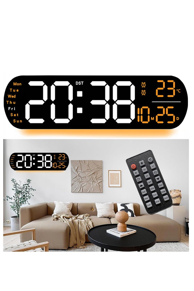 Digital Wall Clock, Large Display, 14-inch Alarm Clock, with Remote Control, Ambient Light,Ten-speed Automatic Light Sensitivity, LED Digital Clock with Date, Week and Temperature （Orange） - Image 2