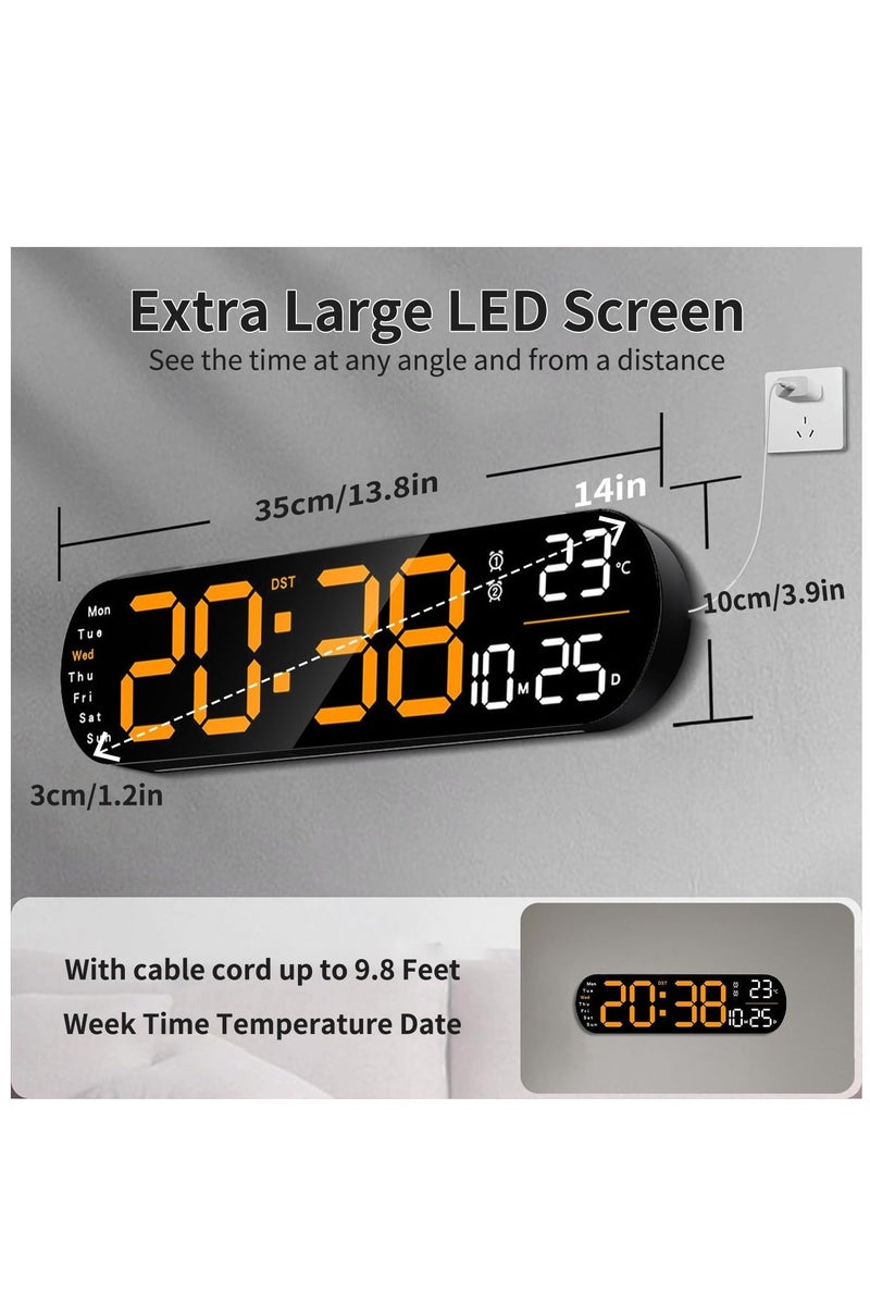 Digital Wall Clock, Large Display, 14-inch Alarm Clock, with Remote Control, Ambient Light,Ten-speed Automatic Light Sensitivity, LED Digital Clock with Date, Week and Temperature （Orange） - Image 3