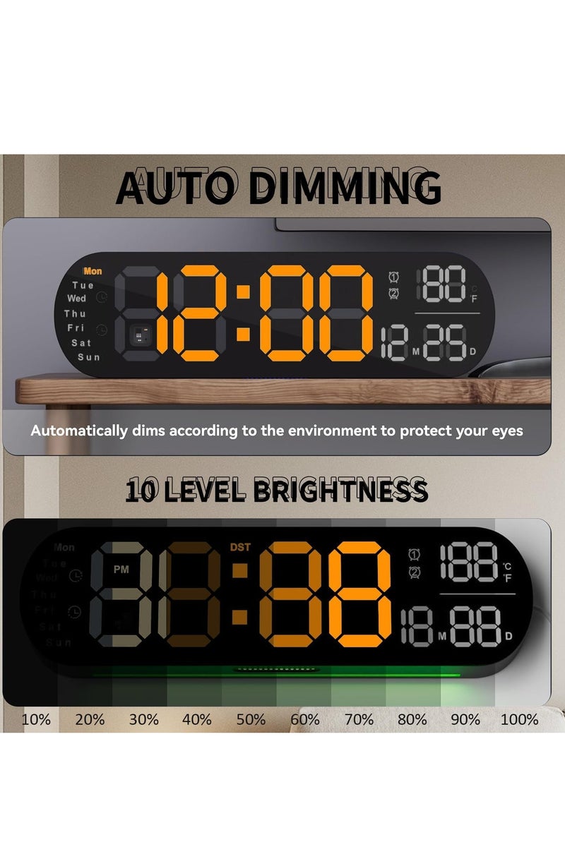 Digital Wall Clock, Large Display, 14-inch Alarm Clock, with Remote Control, Ambient Light,Ten-speed Automatic Light Sensitivity, LED Digital Clock with Date, Week and Temperature （Orange） - Image 4