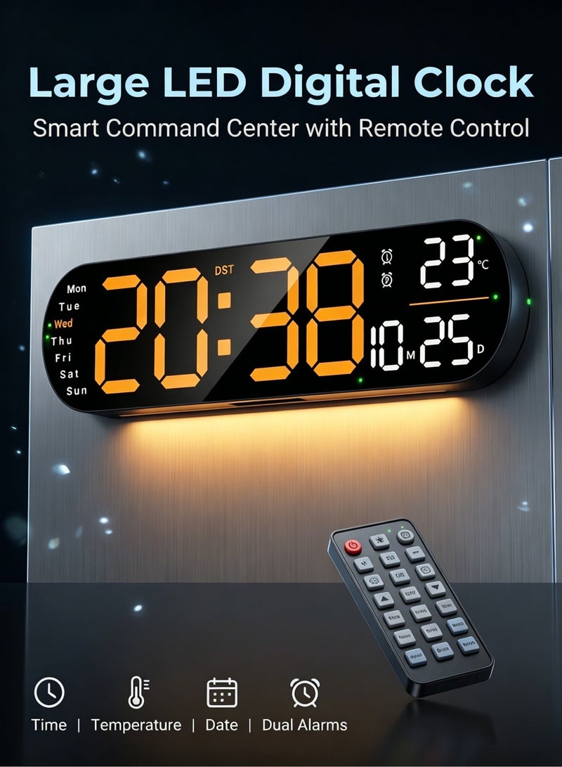 Digital Wall Clock, Large Display, 14-inch Alarm Clock, with Remote Control, Ambient Light,Ten-speed Automatic Light Sensitivity, LED Digital Clock with Date, Week and Temperature （Orange） - Image 1