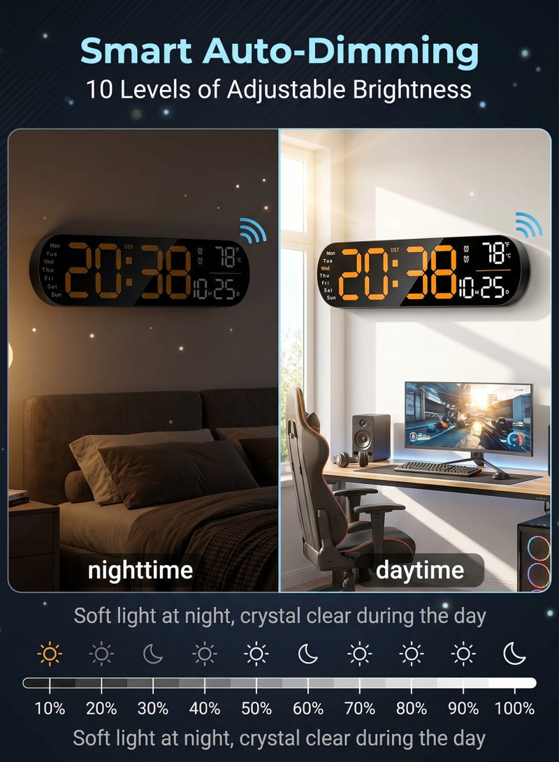Digital Wall Clock, Large Display, 14-inch Alarm Clock, with Remote Control, Ambient Light,Ten-speed Automatic Light Sensitivity, LED Digital Clock with Date, Week and Temperature （Orange） - Image 5
