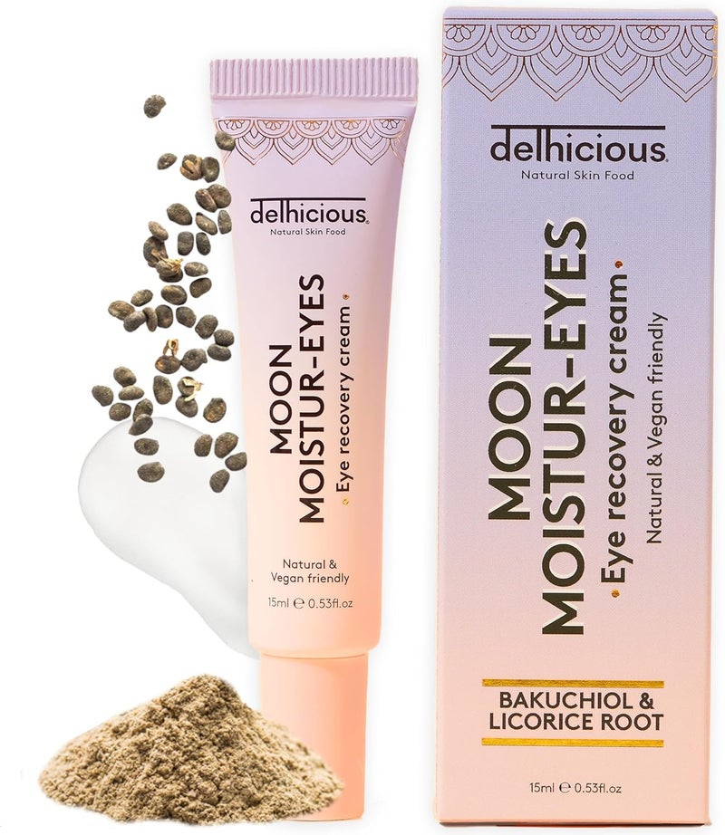 Delhicious Moon MoisturEyes Eye Recovery Cream AntiAgeing Eye Cream with Bakuchiol Liquorice Root Brightening Firming Reduces Dark Circles Puffiness Natural Vegan Ayurveda 15ml