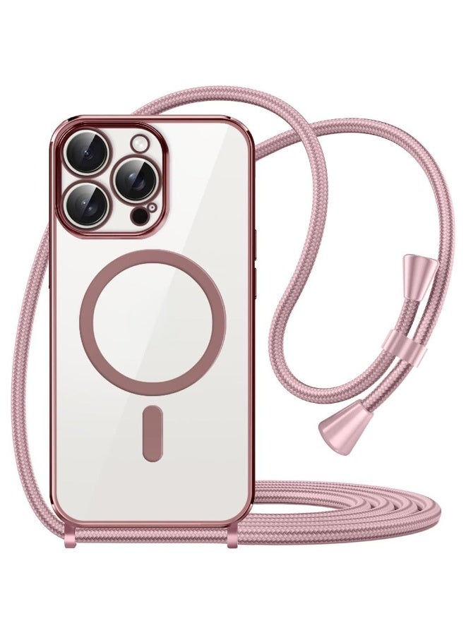 حافظة TPU ناعمة لجهاز iPhone 15 Pro Max مع حزام كتف قابل للتعديل وكورد عنق وحبل معصم وأحزمة أمان لجهاز iPhone 15 Pro Max (ذهبي وردي) - Image 1