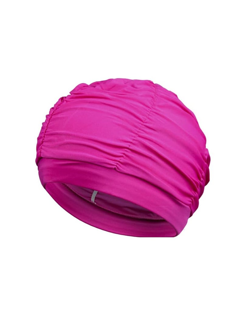 Nylon Swimming Cap Pool Beach Hat Pleated Swim Cap for Long Hair Women, Rosered