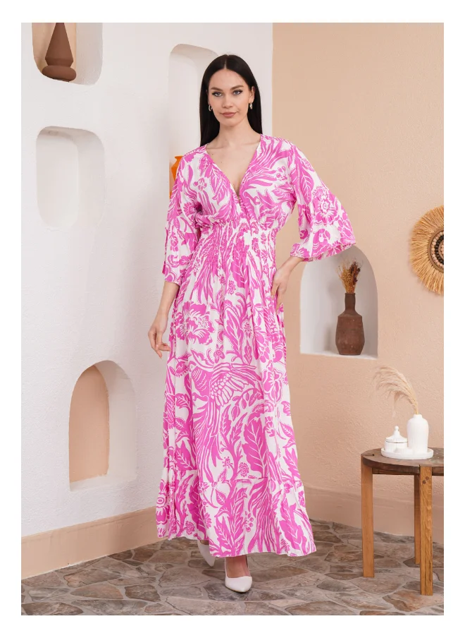 Hoxton Gal Floral Print Maxi Dress with V-Neck and Shirred Waist in Pink