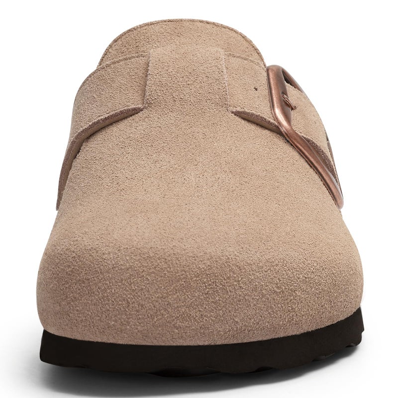 KIDMI Genuine Suede Clogs for Women Memory Foam Cork Footbed Potato Shoes Slip On Leather Mules with Big Buckle, Taupe size 8 (39) - Image 4