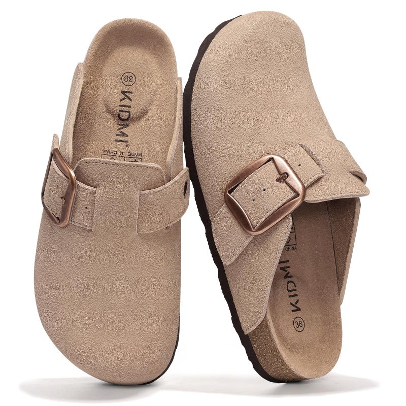 KIDMI Genuine Suede Clogs for Women Memory Foam Cork Footbed Potato Shoes Slip On Leather Mules with Big Buckle, Taupe size 8 (39) - Image 1