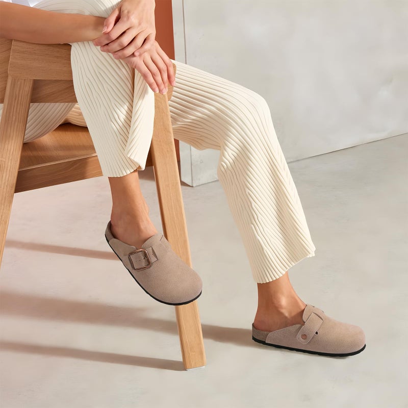 KIDMI Genuine Suede Clogs for Women Memory Foam Cork Footbed Potato Shoes Slip On Leather Mules with Big Buckle, Taupe size 8 (39) - Image 2
