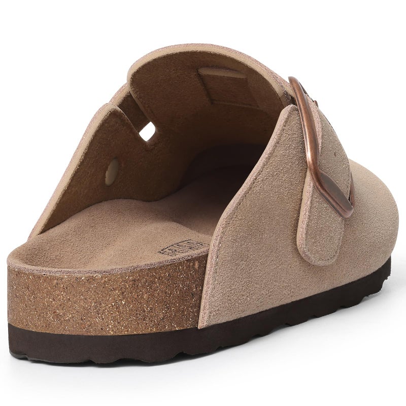 KIDMI Genuine Suede Clogs for Women Memory Foam Cork Footbed Potato Shoes Slip On Leather Mules with Big Buckle, Taupe size 8 (39) - Image 5
