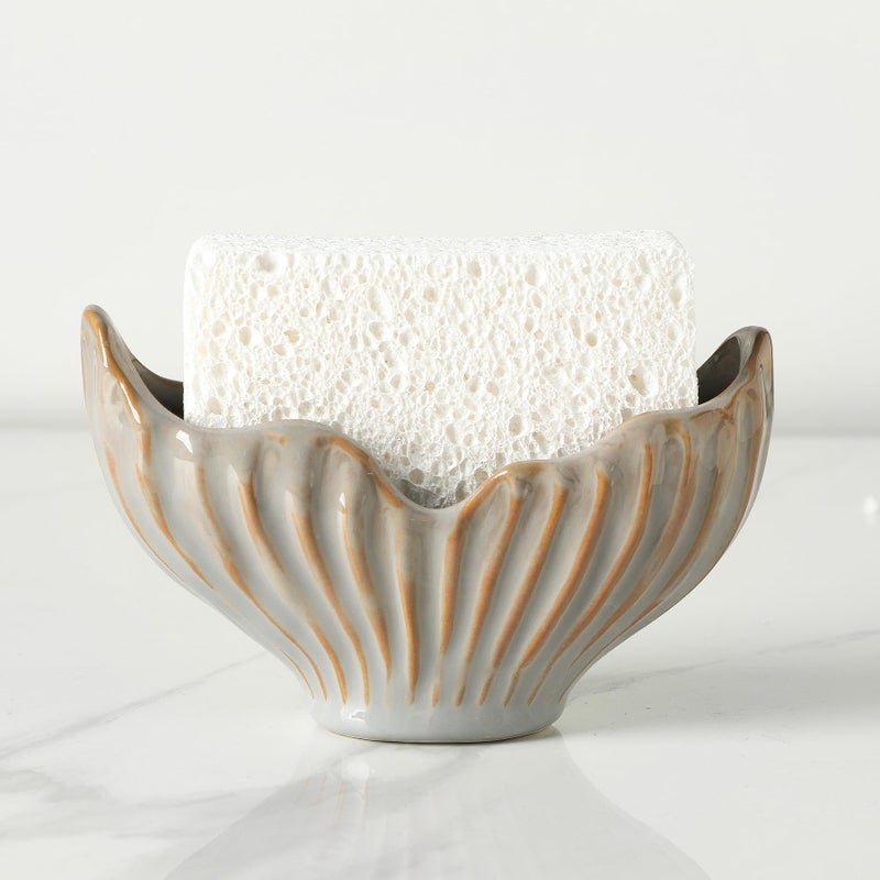 Uiddo Sponge Holder for Kitchen Sink, Ceramic Sponge Holder with Fishtail Design, Sink Sponge Holder Caddy Organizer for Countertop, Farmhouse Kitchen Decor, Compact Kitchen Sponge Holder(Grey) - Image 1