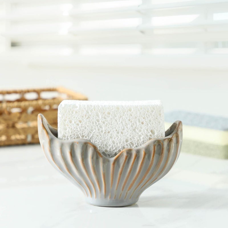 Uiddo Sponge Holder for Kitchen Sink, Ceramic Sponge Holder with Fishtail Design, Sink Sponge Holder Caddy Organizer for Countertop, Farmhouse Kitchen Decor, Compact Kitchen Sponge Holder(Grey) - Image 3