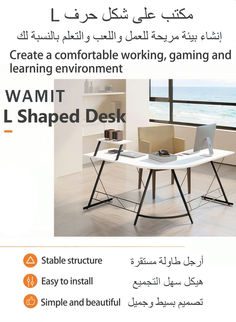 WAMIT L Shaped Desk Computer Desk Corner Table with Monitor Shelf and Large Desktop,Writing Workstation Gaming Desk for Home Office Dorm Study, Easy to Assemble,White - Image 2