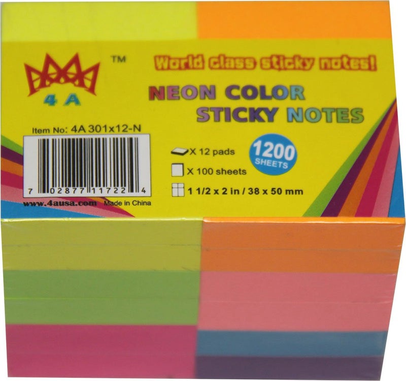 4A Sticky Notes,1 1/2 x 2 Inches,Small Size,The Adhesive On Shorter Side,Neon Assorted,Self-Stick Notes,100 Sheets/Pad,12 Pads/Pack,4A 301x12-N, Neon Assorted-12 Pads - Image 1