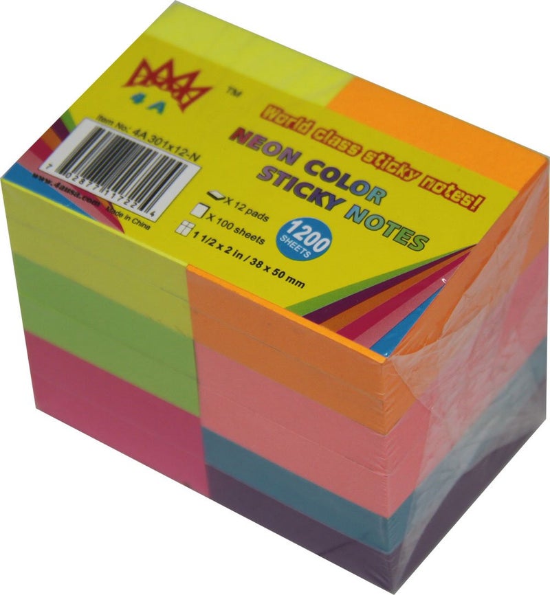 4A Sticky Notes,1 1/2 x 2 Inches,Small Size,The Adhesive On Shorter Side,Neon Assorted,Self-Stick Notes,100 Sheets/Pad,12 Pads/Pack,4A 301x12-N, Neon Assorted-12 Pads - Image 4