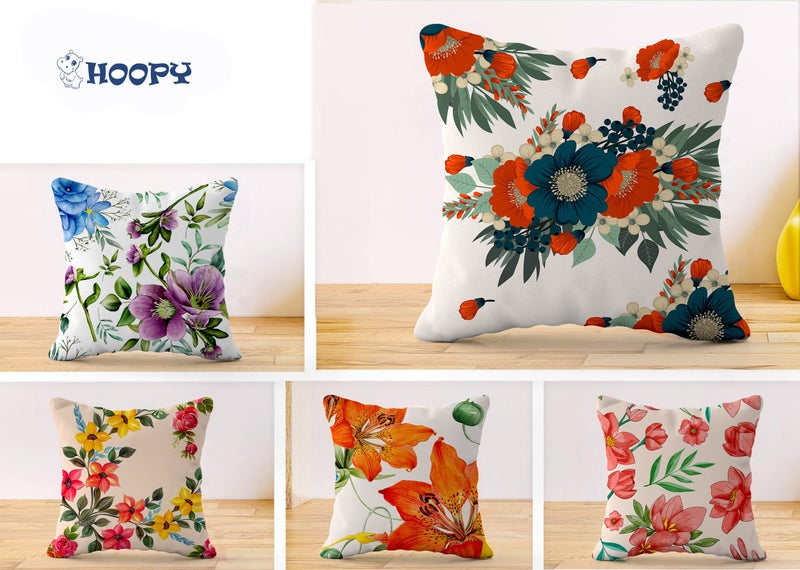 Hoopy Set of 5 Designer Decorative Throw Pillow/Cushion Covers (16 Inch X 16 Inch, Floral Print) - Canvas, 100Tc, Multicolor - Image 3