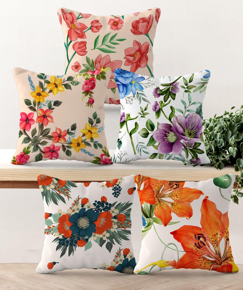 Hoopy Set of 5 Designer Decorative Throw Pillow/Cushion Covers (16 Inch X 16 Inch, Floral Print) - Canvas, 100Tc, Multicolor - Image 1