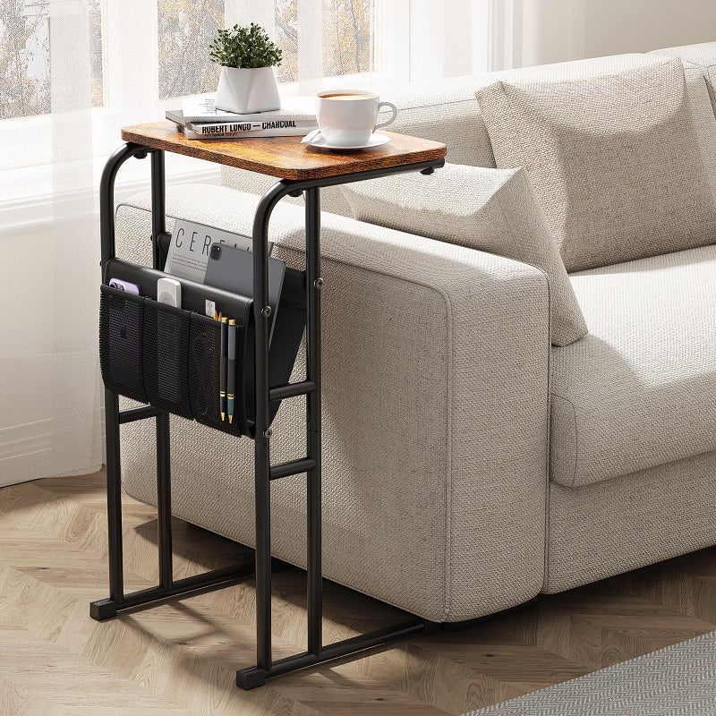 Olldide C-Shaped End Table with Storage Bag, Side Table for Living Room Bedroom, Slide Under Couch Sofa TV Trays Desk, Small Narrow Space Applicable, Rustic Brown - Image 1