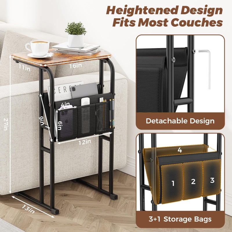 Olldide C-Shaped End Table with Storage Bag, Side Table for Living Room Bedroom, Slide Under Couch Sofa TV Trays Desk, Small Narrow Space Applicable, Rustic Brown - Image 2