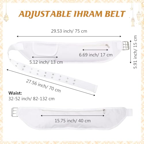 Dansydaisy Ihram Belt for Hajj and Umrah White Adjustable Ihram Waist Belt with Zippered Pockets Fits 32" up to 52" - Image 2