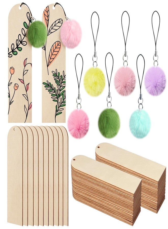 SBYURE 30 Pcs Wooden Bookmark,5.7x1.5 in Blank Bookmarks to Decorate with 30 Pcs Colorful Pom Pom Bookmark Tassels,Wooden Bookmarks for Books, Keys, Bags - Image 1