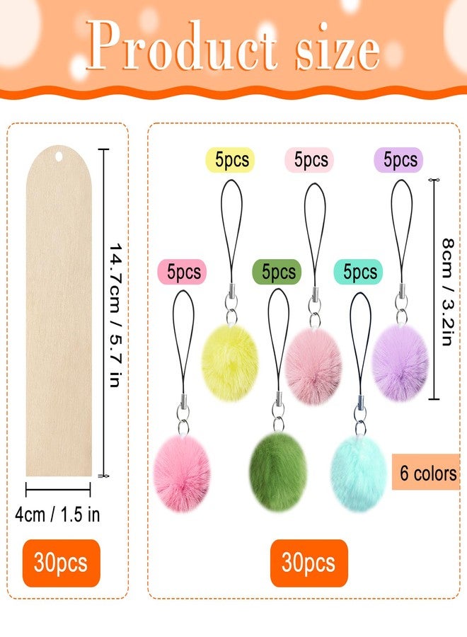 SBYURE 30 Pcs Wooden Bookmark,5.7x1.5 in Blank Bookmarks to Decorate with 30 Pcs Colorful Pom Pom Bookmark Tassels,Wooden Bookmarks for Books, Keys, Bags - Image 2